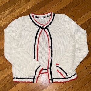 Margaret O'Leary Maritime White Cardigan with Red and Navy Trim